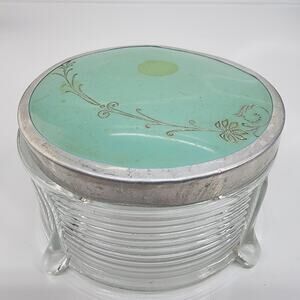 Vintage Art Deco 1950s Glass Powder Jar Green Metal Lid Vanity Trinket 4” x 2"
